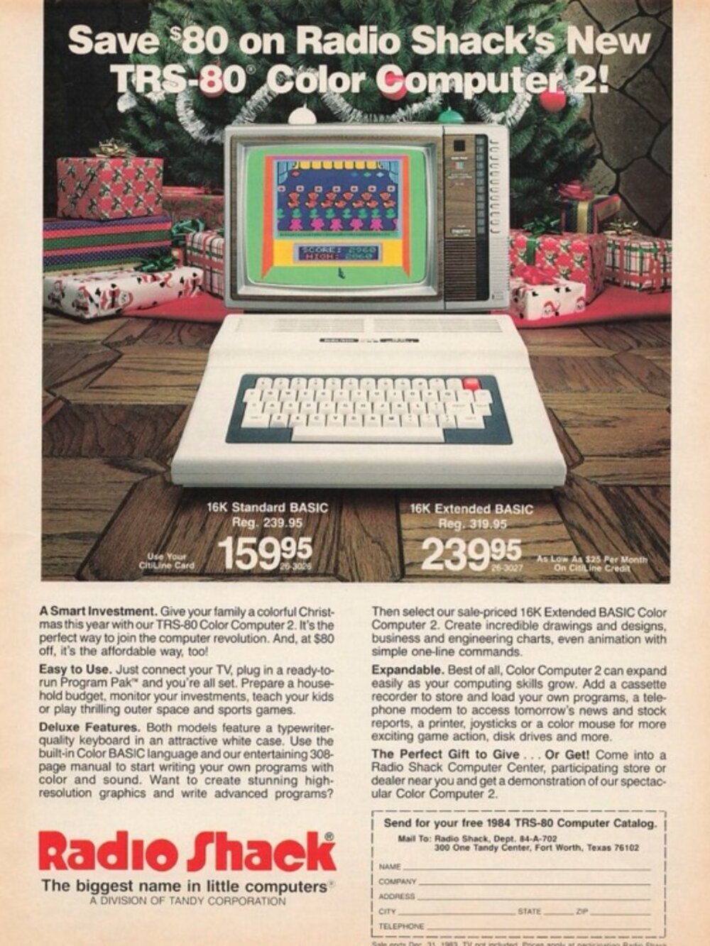 1983 Radio Shack TRS-80 Vintage Print Ad w/Price Color Computer Christmas Gift